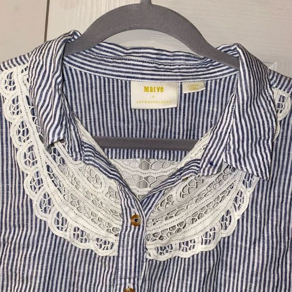 Anthropologie Maeve Women's Linen Camp Shirt Striped Blouse Lace Back Size Large - Picture 3 of 11
